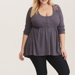 Torrid Gray Babydoll Waffle Knit Lace Top 2X
